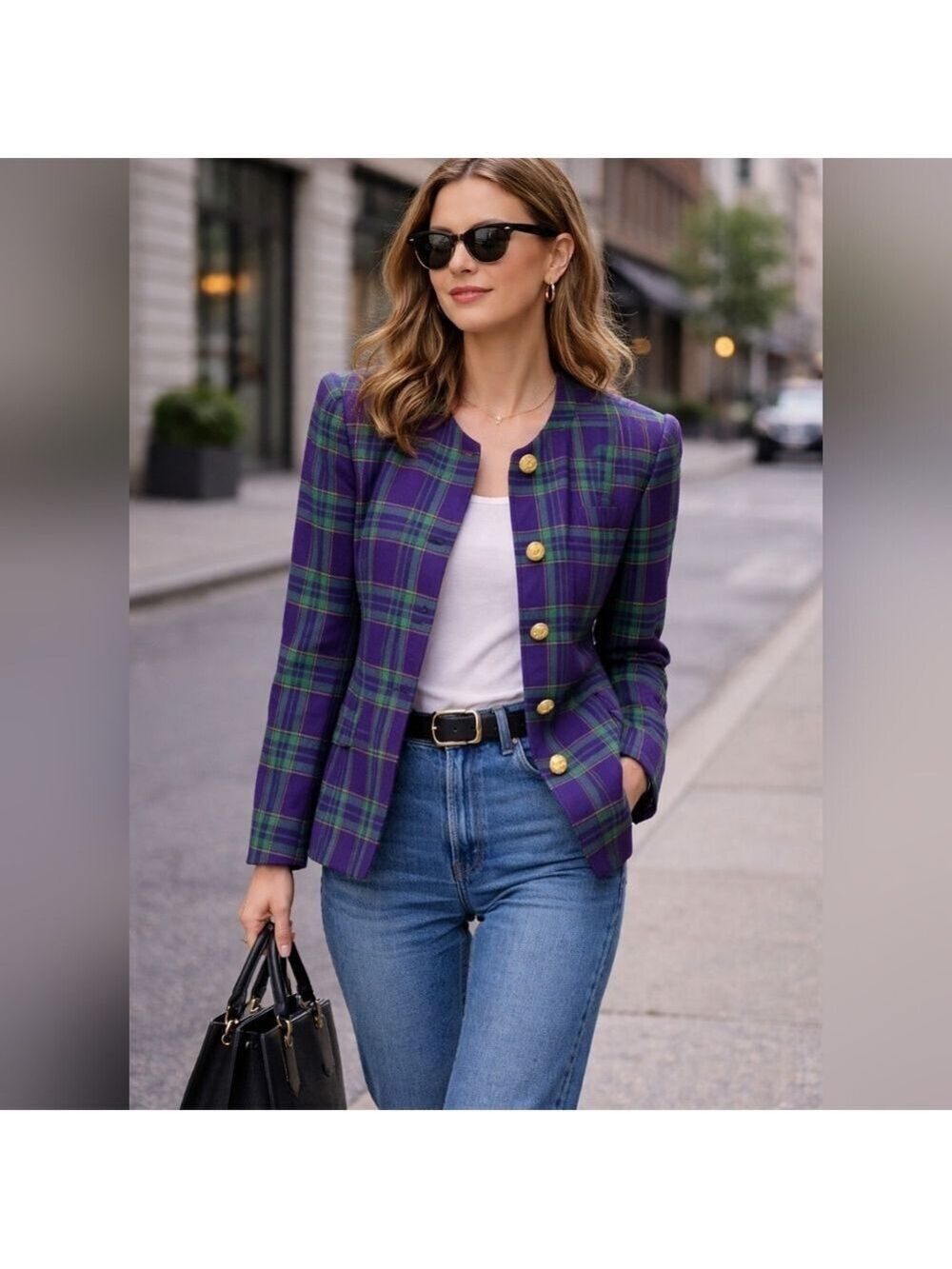 Lord & Taylor Purple Green Plaid Vintage Blazer Chunky Gold Buttons